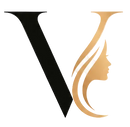 A stylized letter V logo with a black left half and a gold right half shaped like a woman's hair and profile, on a white background.